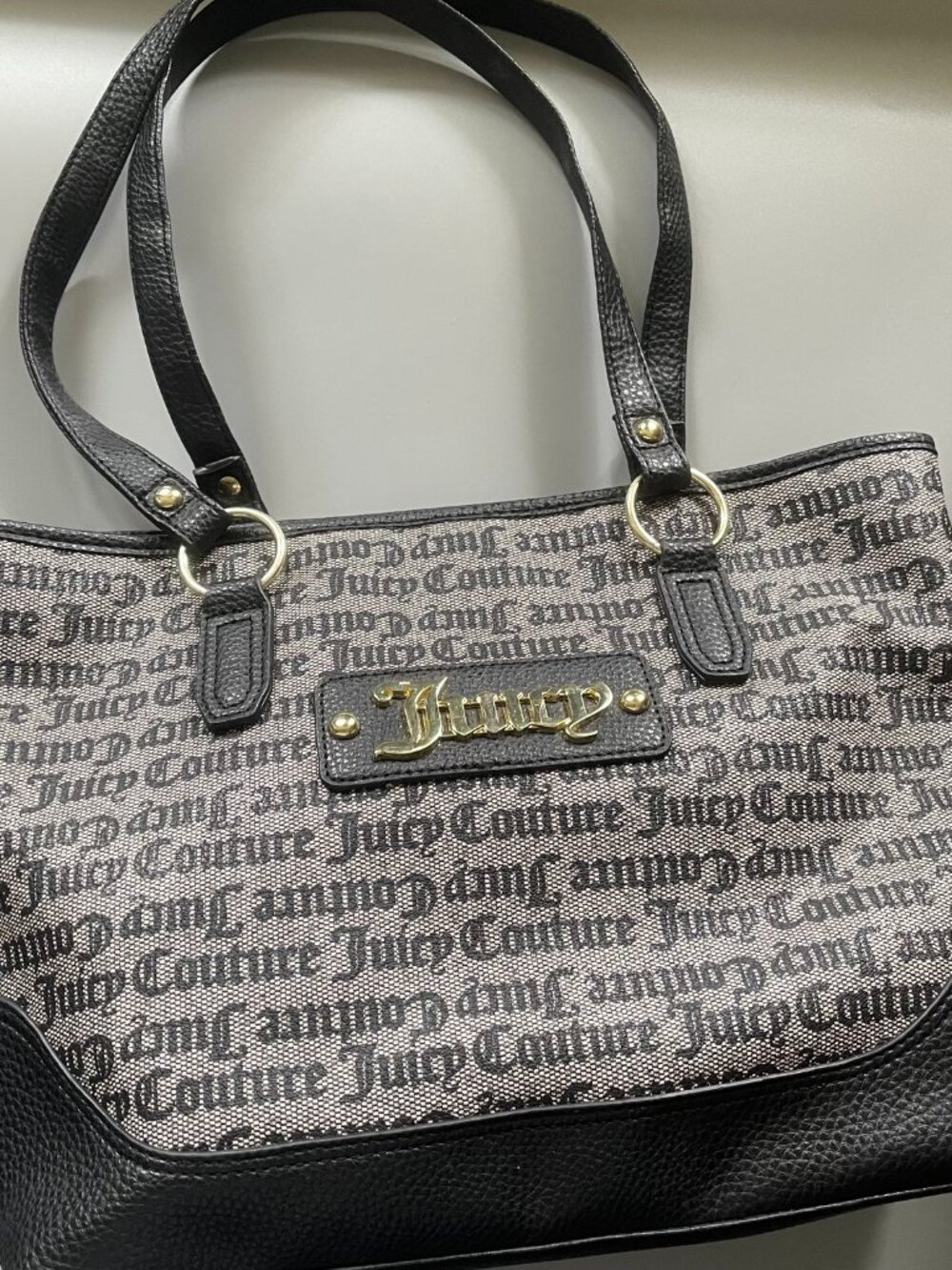 Vtg Y2K Juicy Couture Signature Logo Shoulder Tote Bag Black Faux Leather